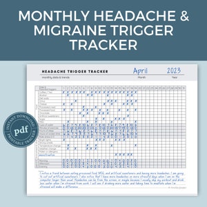 Hoofdpijntriggertracker en dagboek | Afdrukbare migrainetracker | Maandelijkse hoofdpijntrackinggrafiek | Eetdagboek voor volwassenen