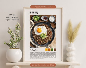 May include: A digital illustration of a Filipino dish called "sisig" made with pork, onions, and chili peppers. The dish is served in a black pan with a fried egg on top. The illustration is in a watercolor style and includes text about the dish and its origins.