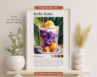 May include: A watercolor painting of a Filipino dessert called halo-halo. The dessert is a mix of shaved ice, beans, jellies, fruits, and leche flan. The painting is set against a green background with a text description of the dessert and its history.