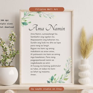 Filipino Prayer Our Father in Tagalog, Ama Namin Poster - Botanical Digital Download