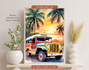 Filipino Culture Tropical Wall Art, Vintage Philippine Jeepney Travel Poster- Digital Download