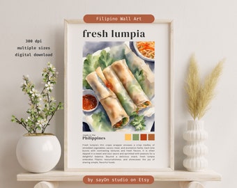 May include: A watercolor painting of fresh lumpia, a Filipino dish made with thin crepe wrappers filled with shredded vegetables, savory meat, and aromatics. The painting is set against a background of green leaves and includes a small bowl of dipping sauce.