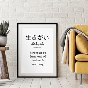 Japanese Wall Art printable. Digital download Ikigai definition. Japanese style home decor. Wall decor with WHITE background