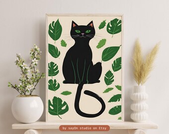 Black Cat Emerald Eyes Art Print: Witchy Botanical Decor (Digital Download