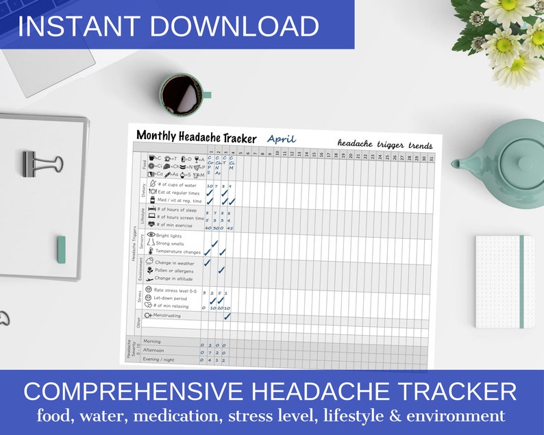 May include: A printable headache tracker for the month of April. The tracker includes sections for food, water, medication, stress level, lifestyle, and environment. It also includes a section for headache trigger trends.