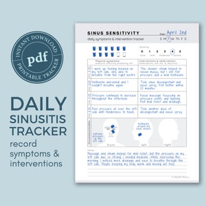 Puede incluir: Un rastreador diario de sinusitis en PDF imprimible con un diseño azul y blanco. El rastreador incluye secciones para registrar síntomas, intervenciones y observaciones. El texto en el rastreador incluye "Daily Sinusitis Tracker".
