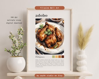 May include: A watercolor illustration of a Filipino dish called "adobo". The dish features chicken pieces in a rich, brown sauce, with a few green herbs and spices. The text "adobo" is written in a stylized font above the dish, and the text "made in the Philippines" is written below the dish.