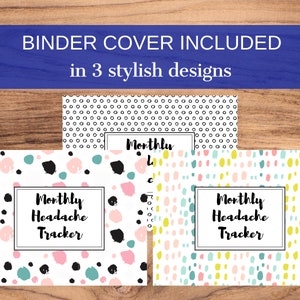 May include: Three different designs for a monthly headache tracker binder cover. The designs feature a white background with black polka dots, black and white abstract paint splatters, and colorful abstract paint splatters.