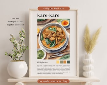 May include: A watercolor painting of a Filipino dish called kare-kare. The dish is a creamy peanut stew with oxtail, vegetables, and a side of dipping sauce. The painting is titled "kare-kare" and includes the text "made in the Philippines".