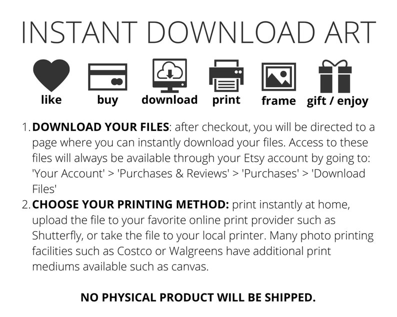 May include: A graphic with six icons representing the steps to purchase and download digital art. The icons are a heart, a credit card, a cloud with a download arrow, a printer, a picture frame, and a gift box. The text below the icons reads: "INSTANT DOWNLOAD ART" and "1. DOWNLOAD YOUR FILES: after checkout, you will be directed to a page where you can instantly download your files. Access to these files will always be available through your Etsy account by going to: 'Your Account' > 'Purchases & Reviews' > 'Purchases' > 'Download Files' 2. CHOOSE YOUR PRINTING METHOD: print instantly at home, upload the file to your favorite online print provider such as Shutterfly, or take the file to your local printer. Many photo printing facilities such as Costco or Walgreens have additional print mediums available such as canvas. NO PHYSICAL PRODUCT WILL BE SHIPPED."