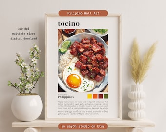 May include: A digital illustration of a Filipino dish called "tocino" with rice, a fried egg, and a side of green onions. The text "tocino" is written in a bold font at the top of the image. The text "made in the Philippines" is written below the image. The text "Filipino tocino traces its roots back to Spanish influences. Pork belly is marinated in sugar, garlic, and spices, creating a vibrant red hue. Whether grilled or fried, the result is melt-in-your-mouth tender meat with a caramelized sweetness balanced by garlicky savoriness. A common sight on breakfast plates alongside garlic fried rice and eggs, tocino is a taste of home, a reminder of family gatherings, and a symbol of Filipino culinary creativity." is written below the image. The text "by sayon studio on Etsy" is written at the bottom of the image.