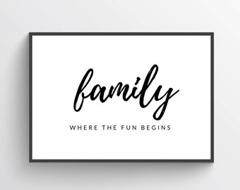 Family Where the Fun Begins Printable,Family Sign,Front Door Art,Entryway Quote,Family Wall Art,Home Decor,Living Room Art,Digital Download