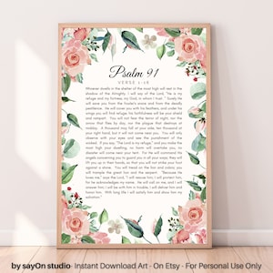 Psalm 91 Printable Poster with Pink Blush Floral Margins Religious Wall Art for Home Decor Digital Download