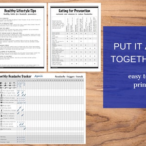 May include: Printable headache tracker with a monthly calendar, a list of potential headache triggers, and a chart for tracking headache triggers. The printable also includes tips for healthy lifestyle habits and eating for headache prevention.