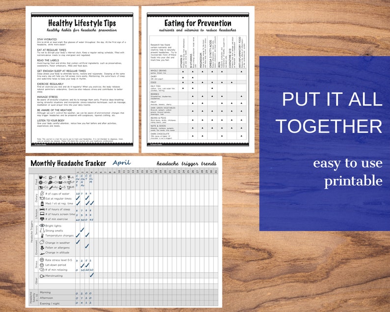 May include: Printable headache tracker with a monthly calendar, a list of potential headache triggers, and a chart for tracking headache triggers. The printable also includes tips for healthy lifestyle habits and eating for headache prevention.