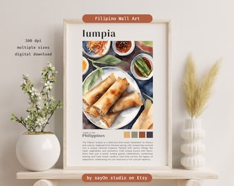May include: A watercolor illustration of lumpia, a Filipino dish, with a white plate of lumpia, a small bowl of dipping sauce, and a small bowl of green onions. The text "lumpia" is in a brown font and the text "made in the Philippines" is in a black font. The text "by sayon studio on Etsy" is at the bottom of the image.