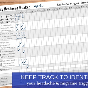 May include: A printable monthly headache tracker for April. The tracker includes sections for food, dietary, lifestyle, headache triggers, sensory, stress, environment, and other. Each section has a list of potential headache triggers, such as caffeine, alcohol, sleep, stress, and weather. The tracker also includes a section for recording the severity of headaches on a scale of 0 to 10. The text "KEEP TRACK TO IDENTIFY your headache & migraine triggers" is at the bottom of the page.