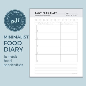 May include: A printable daily food diary to track food sensitivities. The diary includes a section for recording what was consumed, the time of consumption, and how the person felt afterwards. The diary also includes a section for recording symptoms and sensitivities.