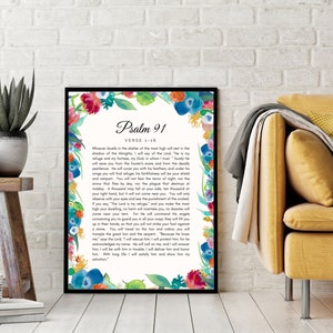 Afdrukbare Psalm 91 | Hele hoofdstuk | Bijbelvers | Religieuze wanddecoratie | Christelijke afdrukken | Bloemenmuurkunst | Salmo Instant digitale download