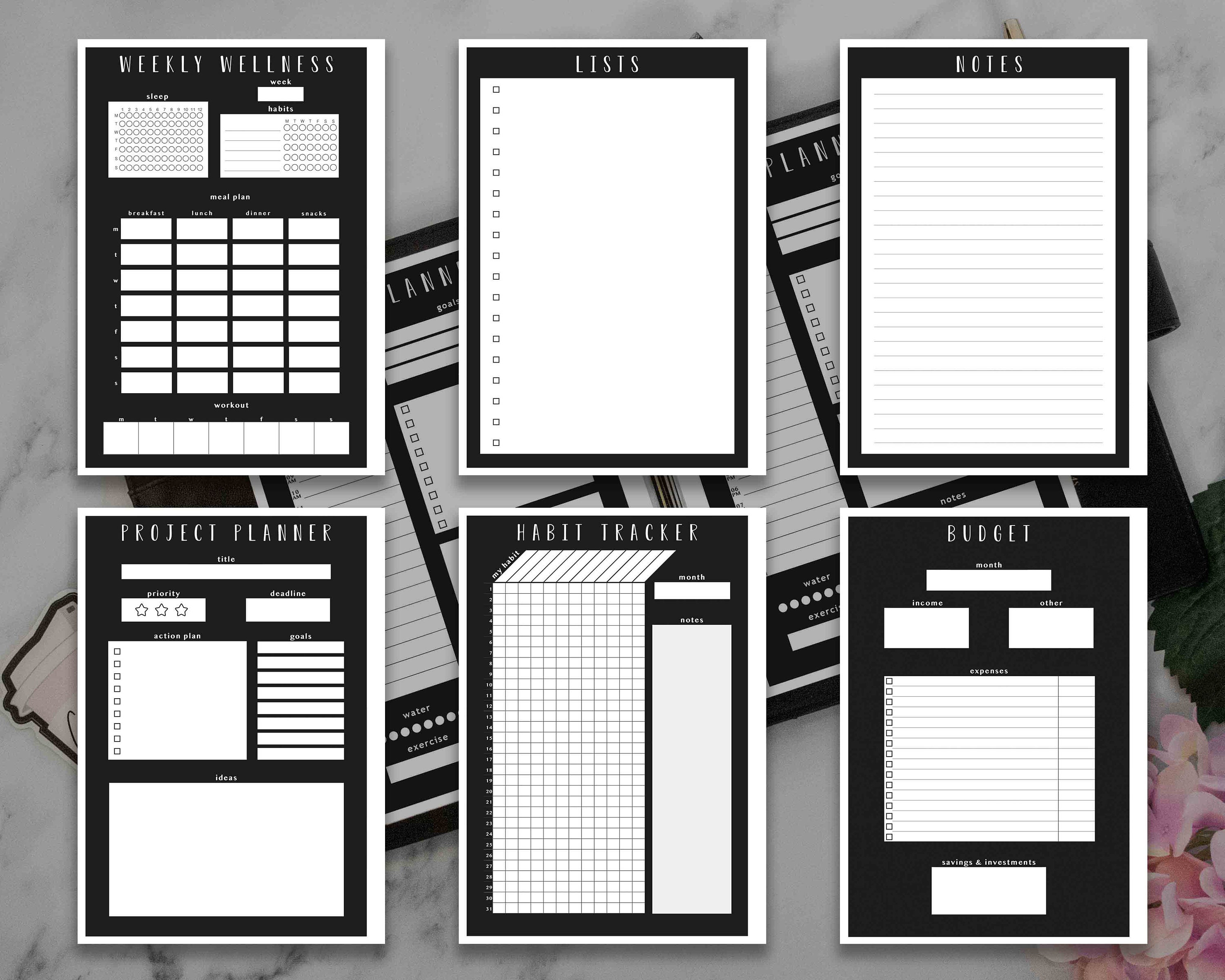 BLACK Printable Planner Inserts Black Theme Planner Inserts Multiple ...