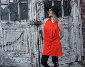 Fairy Backless Dress Elven Pixie Festival Wear Outfit Boho Burning Man Fire Dancing Hoop Cowl Neck Halter Coral Dress