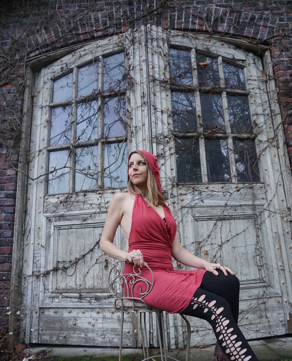 Fairy Backless Dress Elven Pixie Festival Wear Outfit Boho Burning Man Fire Dancing Hoop Cowl Neck Halter Coral Dress