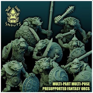 May include: A collection of green miniature fantasy orc figures in various poses, equipped with shields, spears, and spiked maces. The image includes the text THE LONG SNOUTS and MULTI-PART MULTI-POSE PRESUPPORTED FANTASY ORCS in yellow lettering.
