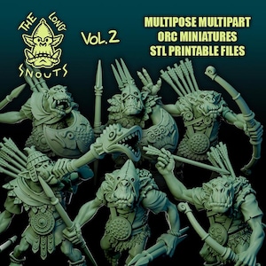 Puede incluir: Un conjunto de miniaturas de Orcos verdes en diversas poses de acción, empuñando armas como lanzas, arcos y hachas. La imagen incluye el texto "THE LONG SNOUTS Vol. 2" y "MULTIPOSE MULTIPART ORC MINIATURES STL PRINTABLE FILES".