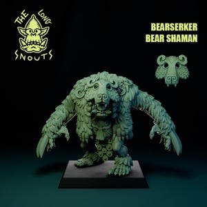 May include: A green, detailed figurine of a bear-like creature, the "Bearserker Bear Shaman," stands on a black base. The figure has intricate fur and facial details, with a separate bear head displayed nearby. The text "The Long Snouts" is also visible.