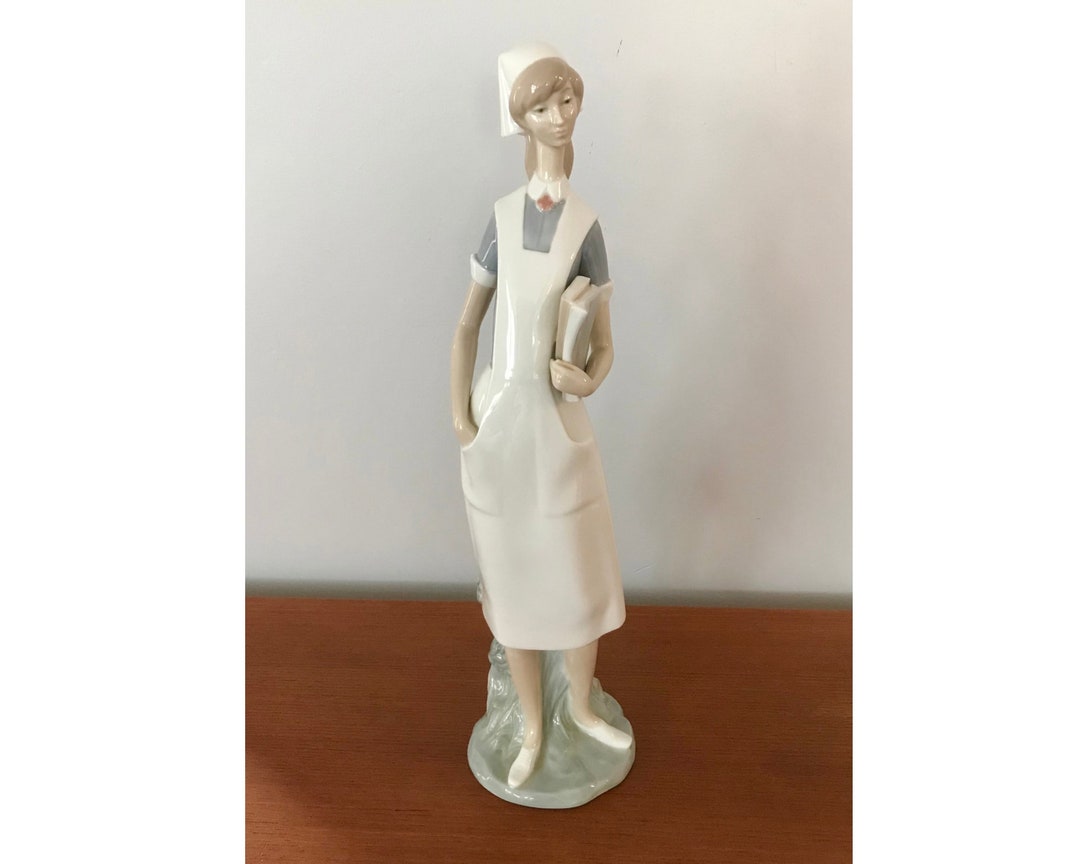 Lladro Hand Made Porcelain Nurse Figurine, Vintage Blue White Nurses