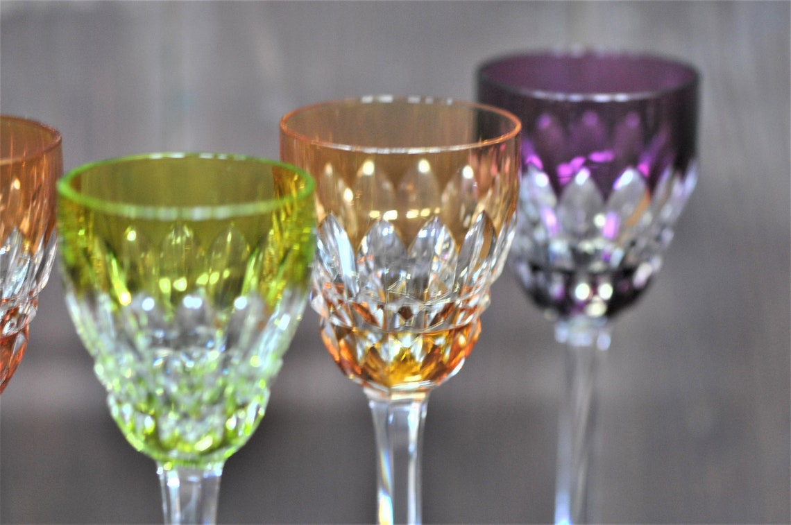 Baccarat Glass Cordial Decanter and Glasses Set, Coloured Cut to Clear