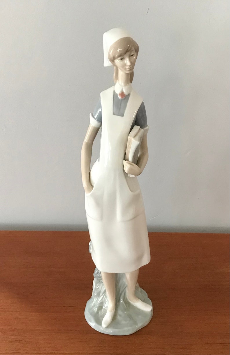 Lladro Hand Made Porcelain Nurse Figurine, Vintage Blue White Nurses