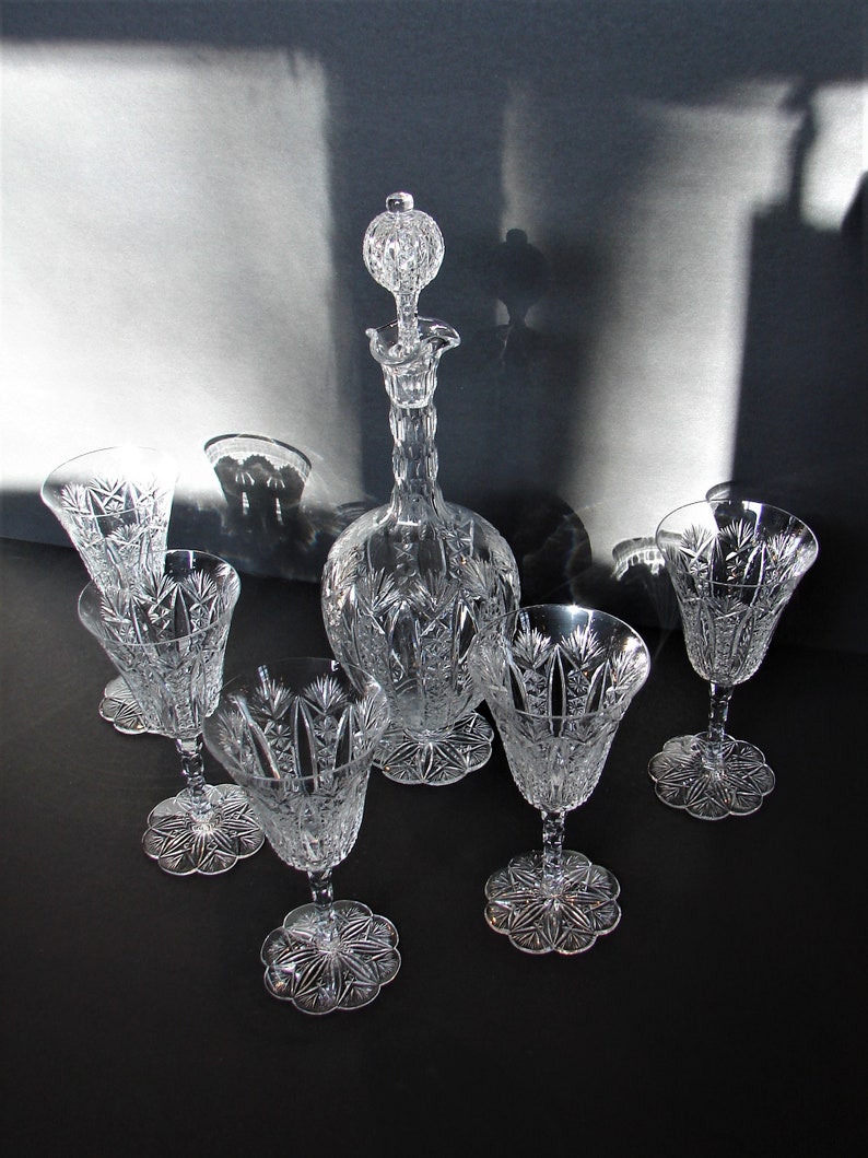 Baccarat Glass Conte Pattern Decanter With 5 Stemmed Wine Etsy