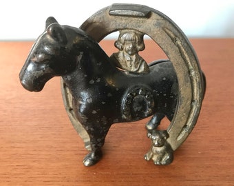Arcade 1910's Buster Brown & Tige Horse Cast Iron Still Penny Coin Bank, Good Luck Horse And Horseshoe, Arcade Manufacturing, Antique Bank