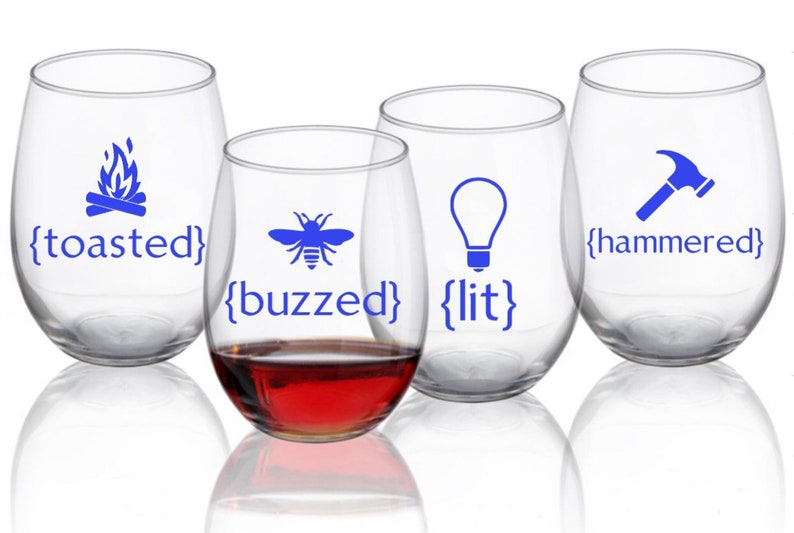Buzzed-Lit-Hammered-Toasted wine glass set|fun wine glass sets|wine glass set|buzzed wine glass|lit wine glass|toasted wine glass|hammered