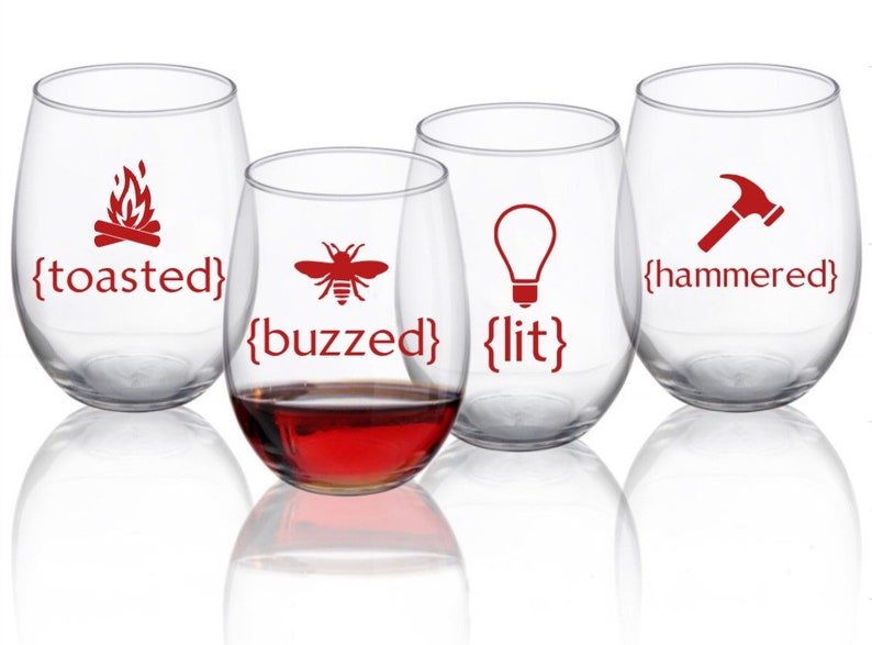 Buzzed-Lit-Hammered-Toasted wine glass set|fun wine glass sets|wine glass set|buzzed wine glass|lit wine glass|toasted wine glass|hammered