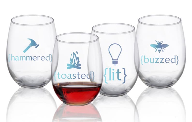 Buzzed-Lit-Hammered-Toasted wine glass set|fun wine glass sets|wine glass set|buzzed wine glass|lit wine glass|toasted wine glass|hammered
