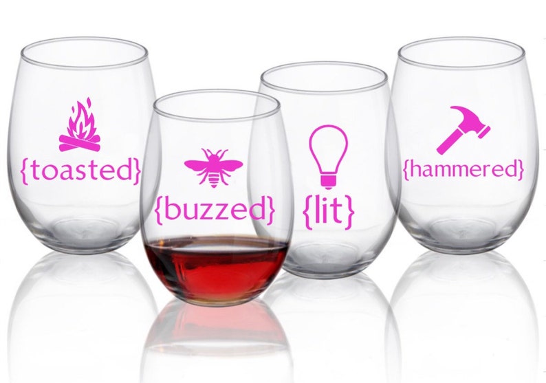 Buzzed-Lit-Hammered-Toasted wine glass set|fun wine glass sets|wine glass set|buzzed wine glass|lit wine glass|toasted wine glass|hammered