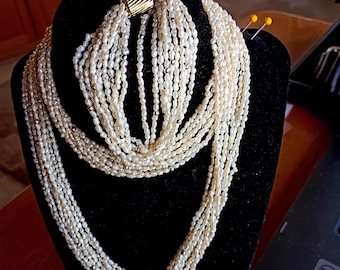 Vintage 9 Strand Seed Pearl Necklace with Sterling Silver Beads and Gold Clasp