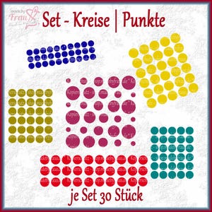 Könnte beinhalten: Satz mit 30 bunten Kreisen, jede Farbe in einer anderen Farbe: Rot, Gelb, Blau, Grün und Lila. Die Kreise sind in einem Raster angeordnet. Der Text "Set - Kreise | Punkte" und "je Set 30 Stück" ist im Bild sichtbar.