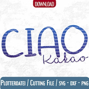 Puede incluir: Un diseño en degradado azul y morado con el texto "CIAO Kakao" en estilo manuscrito. El diseño es adecuado para su uso como archivo de corte para proyectos de manualidades.