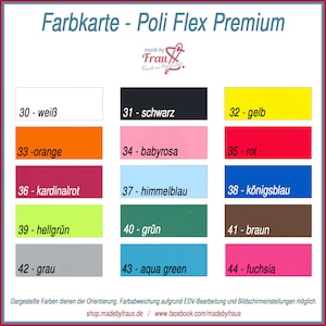 Könnte beinhalten: Farbkarte für Poli Flex Premium Flexfolie. Die Karte zeigt 14 verschiedene Farben, darunter Weiß, Schwarz, Gelb, Orange, Rosa, Rot, Kardinalrot, Hellblau, Dunkelblau, Hellgrün, Dunkelgrün, Braun, Grau, Aquagrün und Fuchsia.