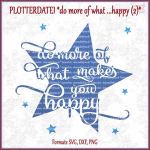 Könnte beinhalten: Ein blauer Stern mit weißem Text, der "Tu mehr von dem, was dich glücklich macht" lautet. Der Stern befindet sich auf einem weißen Hintergrund mit kleinen blauen Sternen, die um ihn herum verstreut sind.