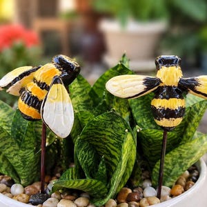 May include: Two decorative bee garden stakes with yellow and black striped bodies and white-tipped wings are placed in a white pot with a snake plant. The pot is filled with small pebbles and sits outdoors.