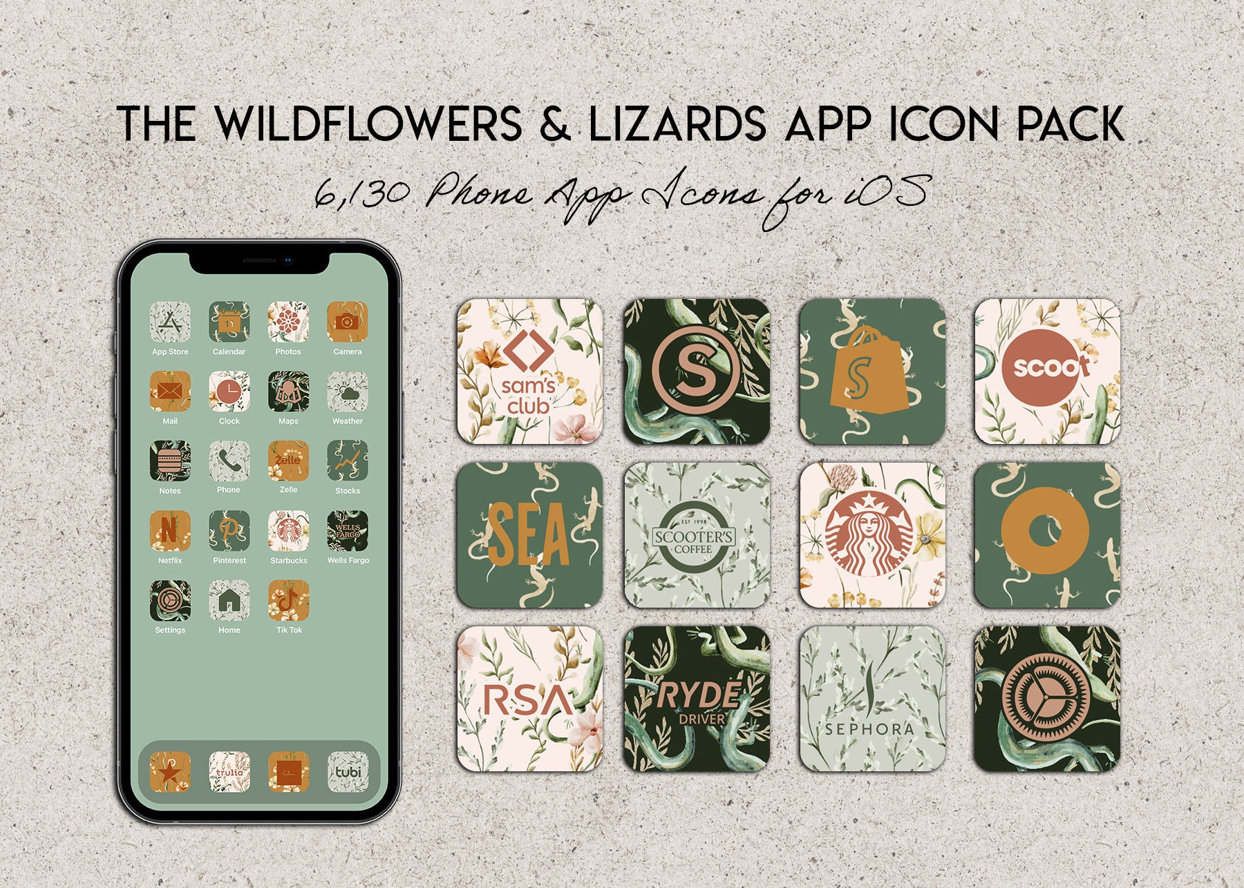 Wildflowers & Lizards Phone App Icon Pack for Ios App Icon Pack, Animal