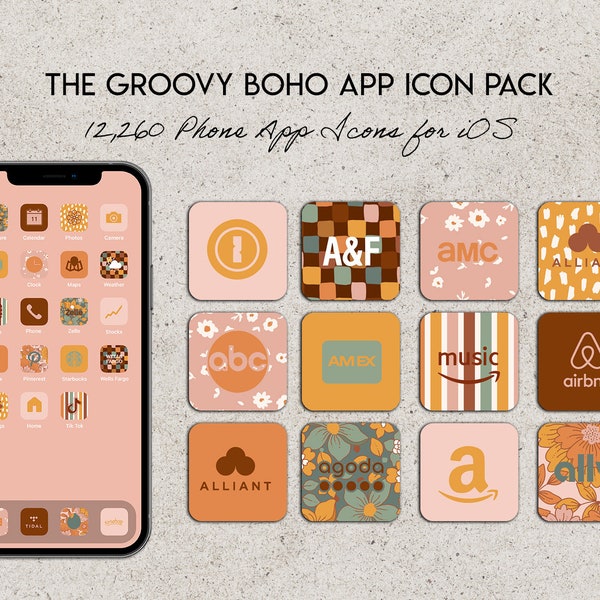 Groovy Boho Phone App Icon Pack for iOS | App Icon Pack, 70s Phone Apps, iOS 16 Icons, Groovy Icon Pack, Social Media Icons, Boho App Pack