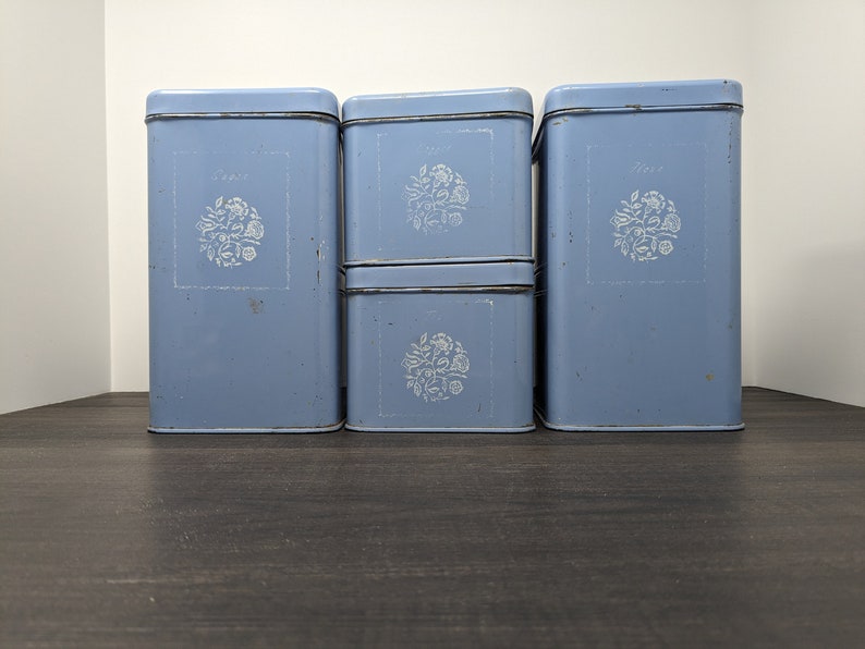 French Blue Kitchen Tins Vintage French Farmhouse Metal Tins Kitchen