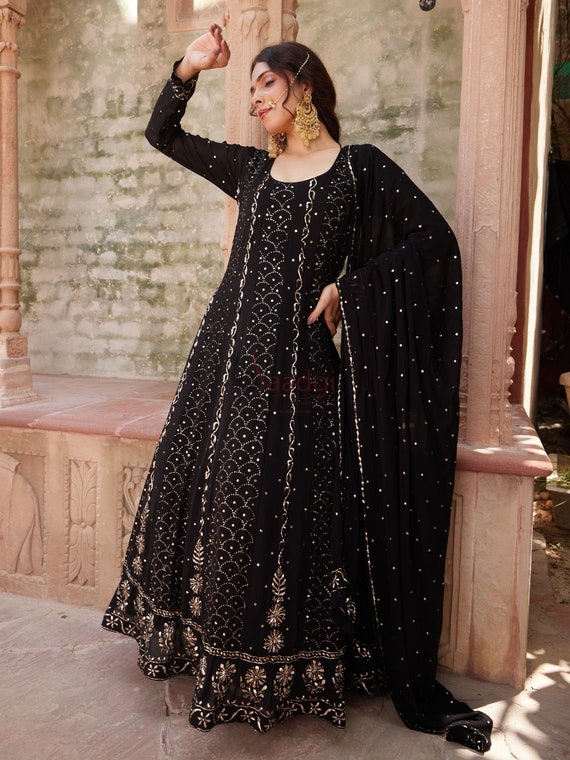 Black Handcrafted Badla Kamdani Chikan Anarkali Suit Etsy