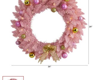 24” LED Pink Artificial Holiday Wreath with Ornaments