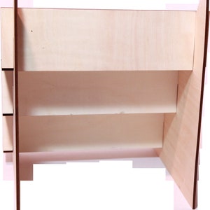 May include: A wooden shelf unit with three shelves. The shelves are made of light wood and the unit has a natural wood finish.